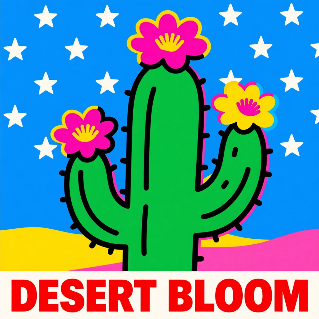 Desert cactus blooming under a starry sky