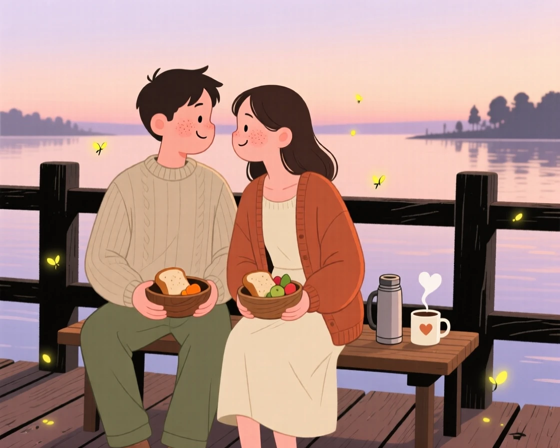 A couple shares a quiet moment on a pier railing at dawn, sharing a simple meal as fireflies begin to flicker surrounds them.