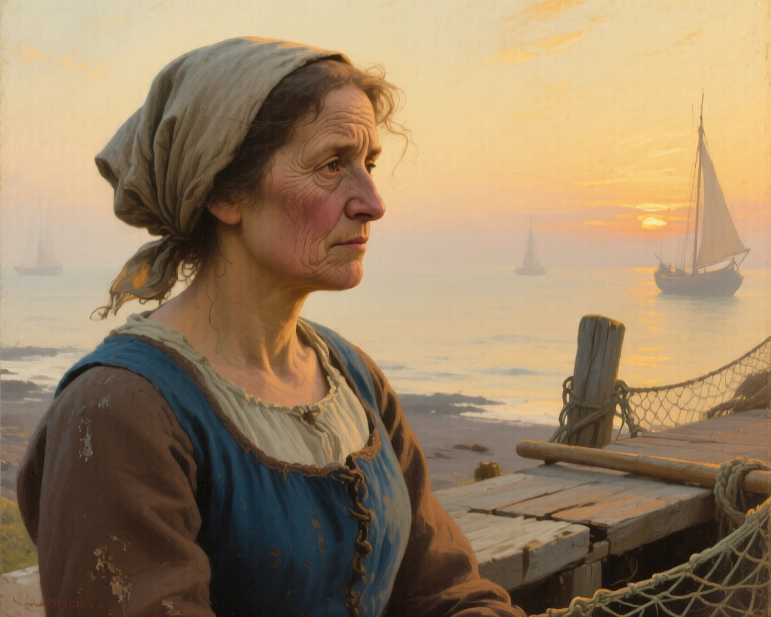 An intimate close-up of a fisherman's wife scanning the horizon for returning boats, in late afternoon, during the colonial era.
