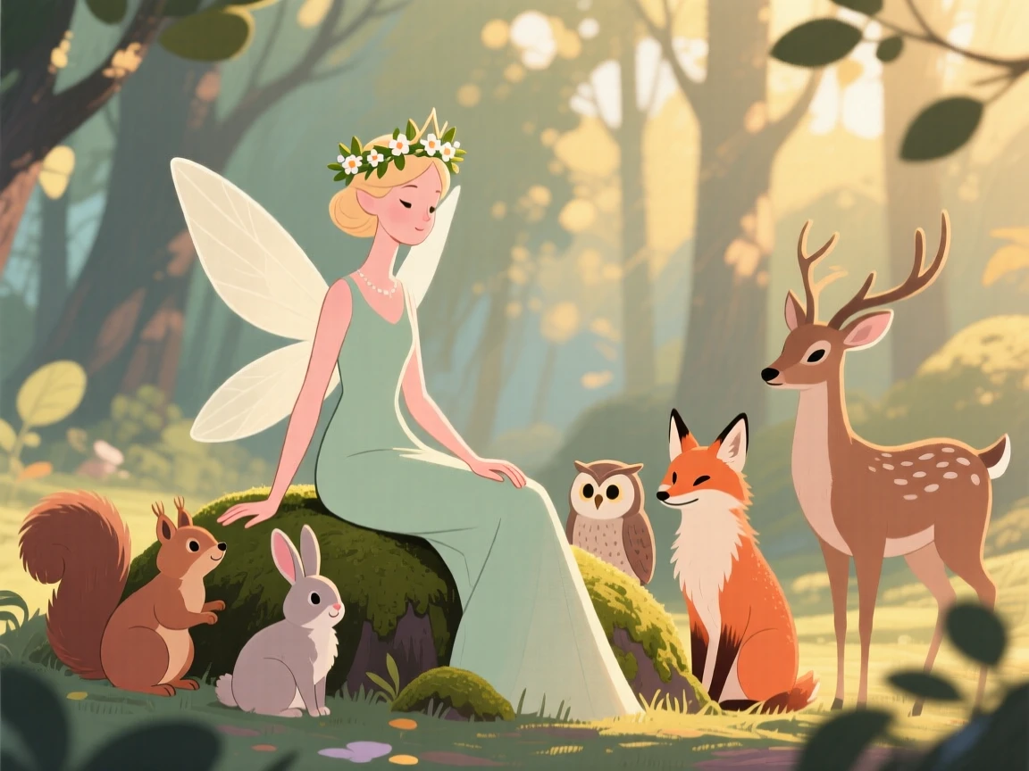 A mystical forest clearing where woodland animals crown a fairy queen