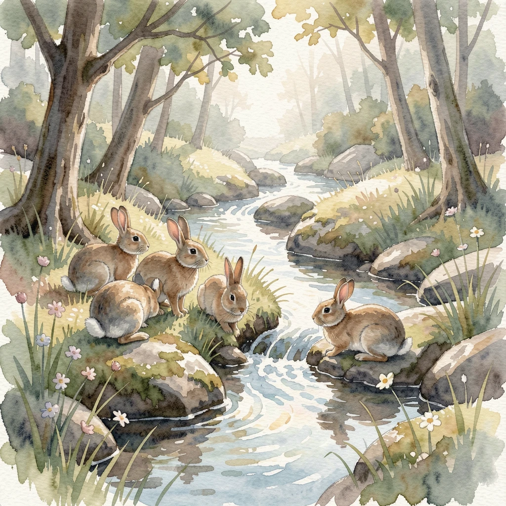 A family of rabbits beside a babbling brook.