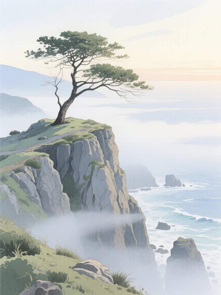 A breathtaking view of a windswept coastal cliff as morning mist rolls through, where a lone tree stands on a ridge