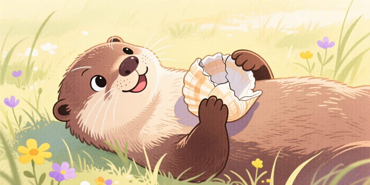 A close-up portrait of a playful otter cracking a shell on its belly in a sunlit meadow.