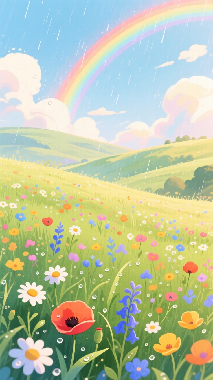 A wildflower meadow beneath a rainbow after a storm, with a rainbow arching softly overhead, filled with quiet majesty and stillness.