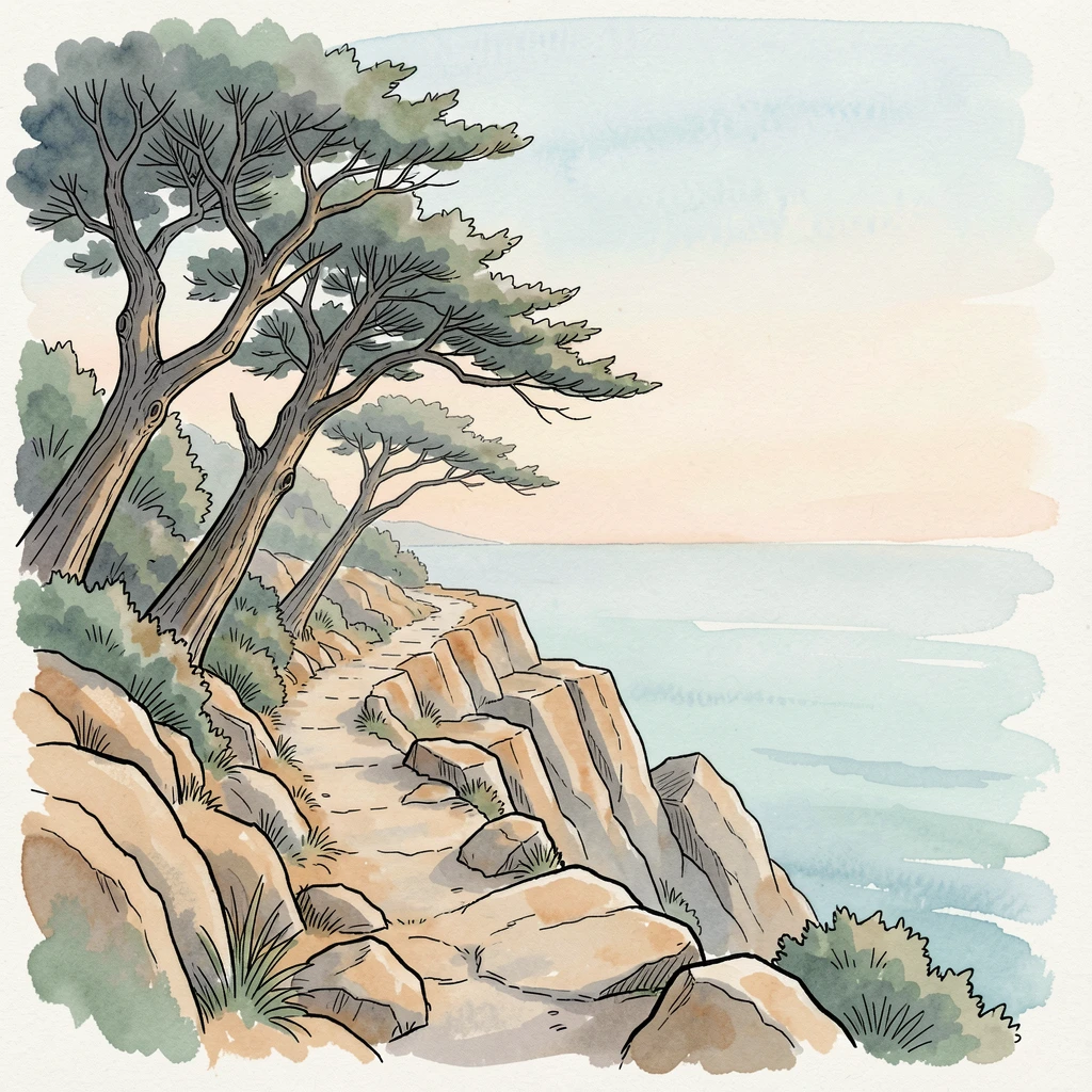 A rugged coastal trail winding along wind-bent cypress trees, a sense of calm and vastness filling the open space.