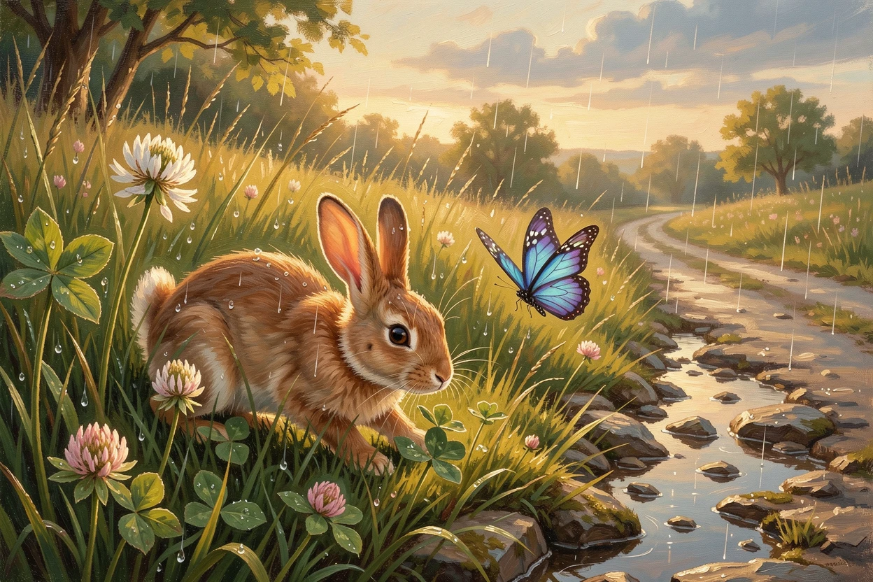 A rabbit nibbling clover in a garden, it chasing a butterfly through the grass, along a quiet country lane at golden hour, during a gentle summer rain shower.