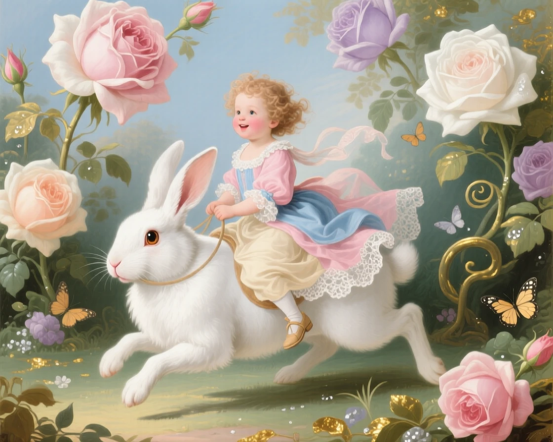 A child riding a white rabbit through a garden of giant roses  