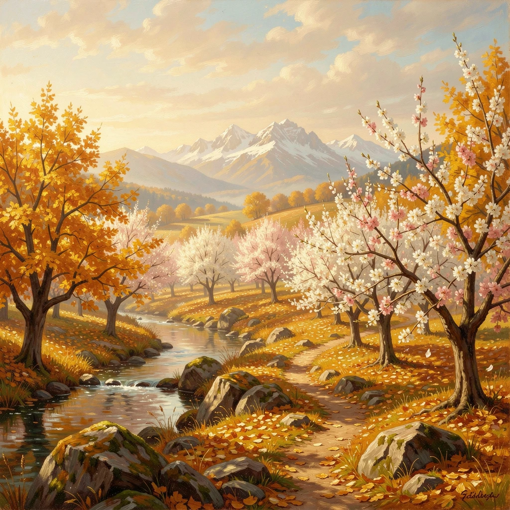 Golden autumn leaves cover blossoming orchards in spring as the world awakens after winter.