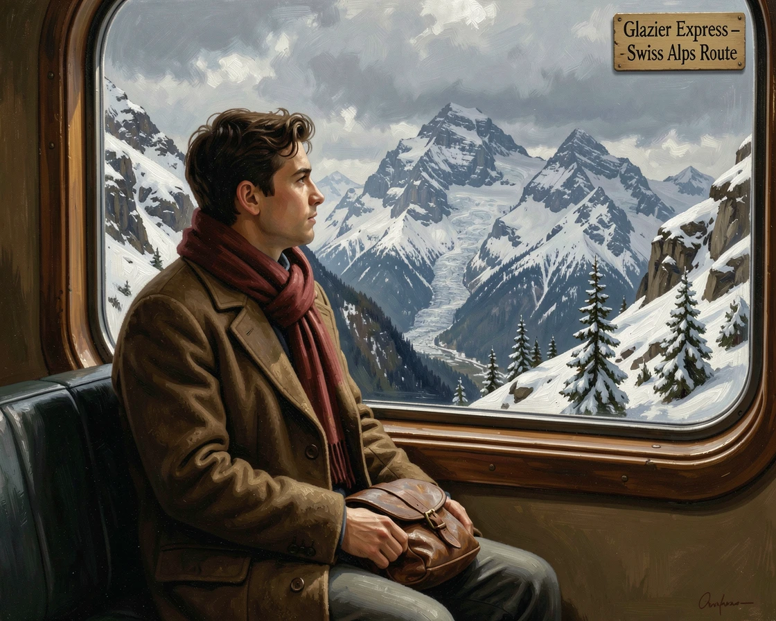 A traveler riding a train through the dramatic, snow-covered Swiss Alps, with a sense of freedom and wonder evident in every detail, designed to transport the viewer straight into the journey
