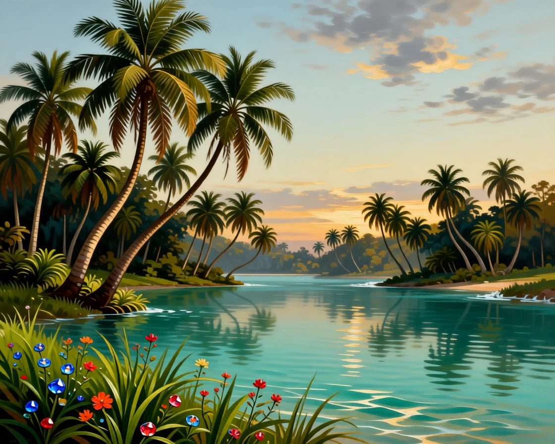 A tropical lagoon fringed with palm trees and turquoise water captured in the fleeting stillness of a perfect moment, set beneath an expansive and ever-changing sky, with wildflowers scattered like scattered jewels across the green; layered depth separates near, middle, and far distance beautifully, capturing a fleeting, golden moment worth preserving forever.