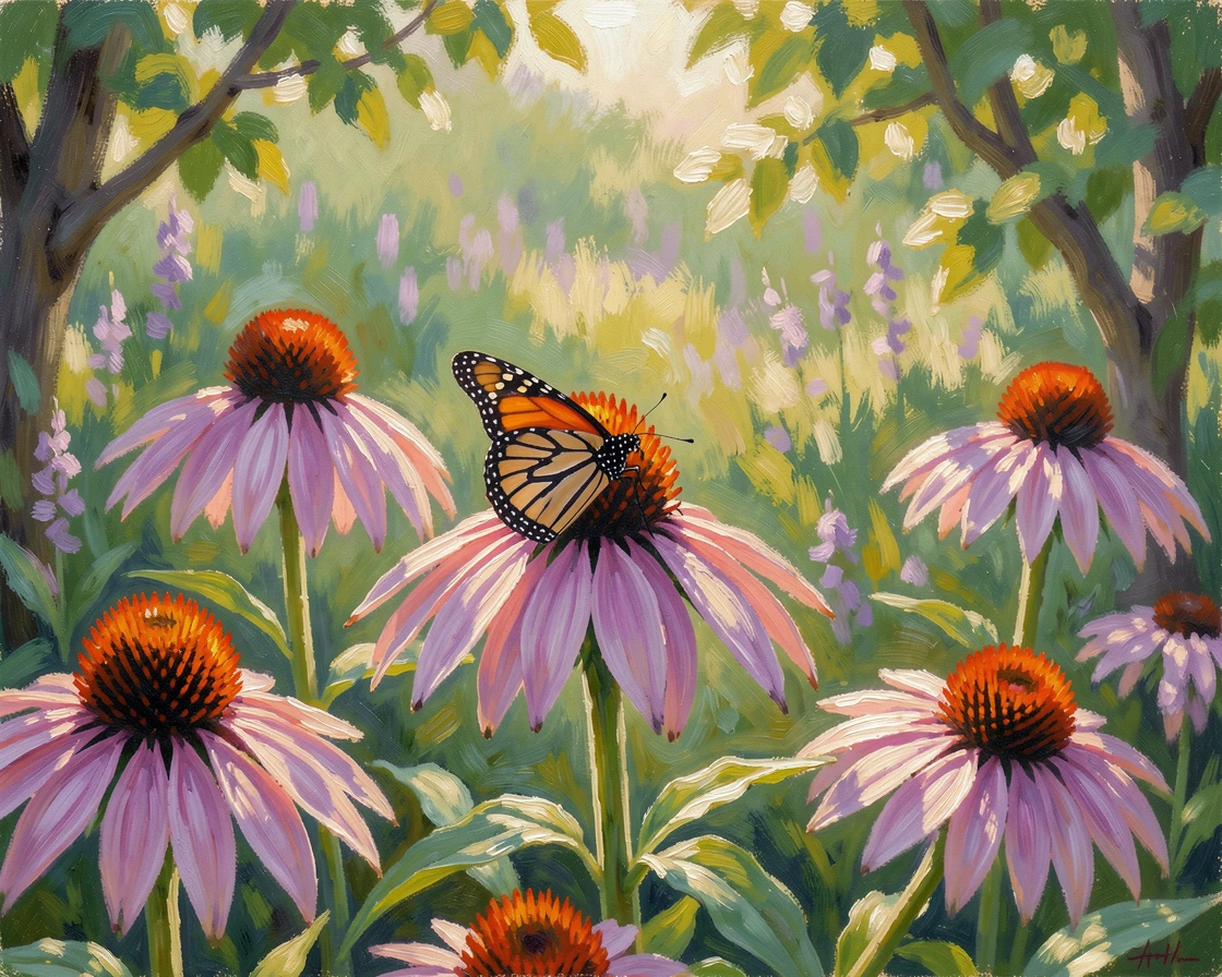 A monarch butterfly resting on a cluster of purple coneflowers in a sunlit summer garden, in the lush green of midsummer, evoking timeless charm and quiet elegance.