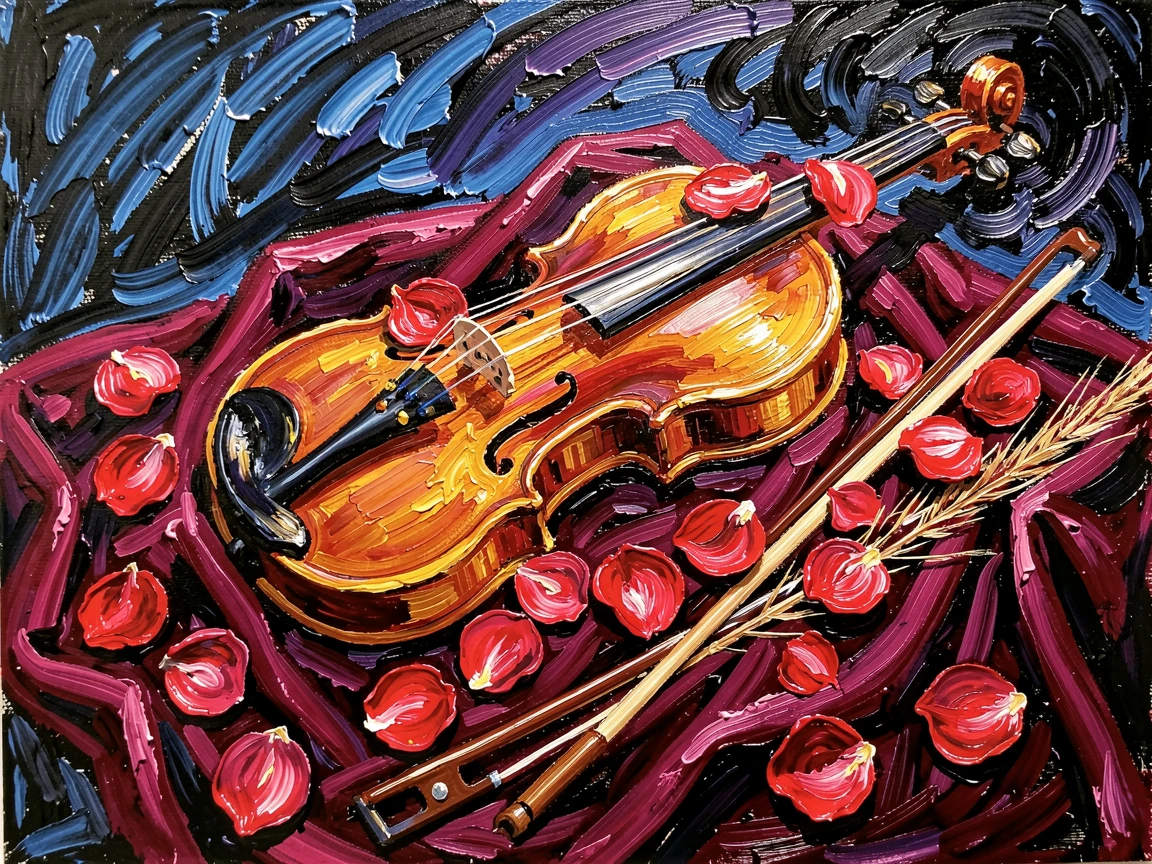 A still life of a violin, bow, and rose petals scattered across a velvet cloth.
