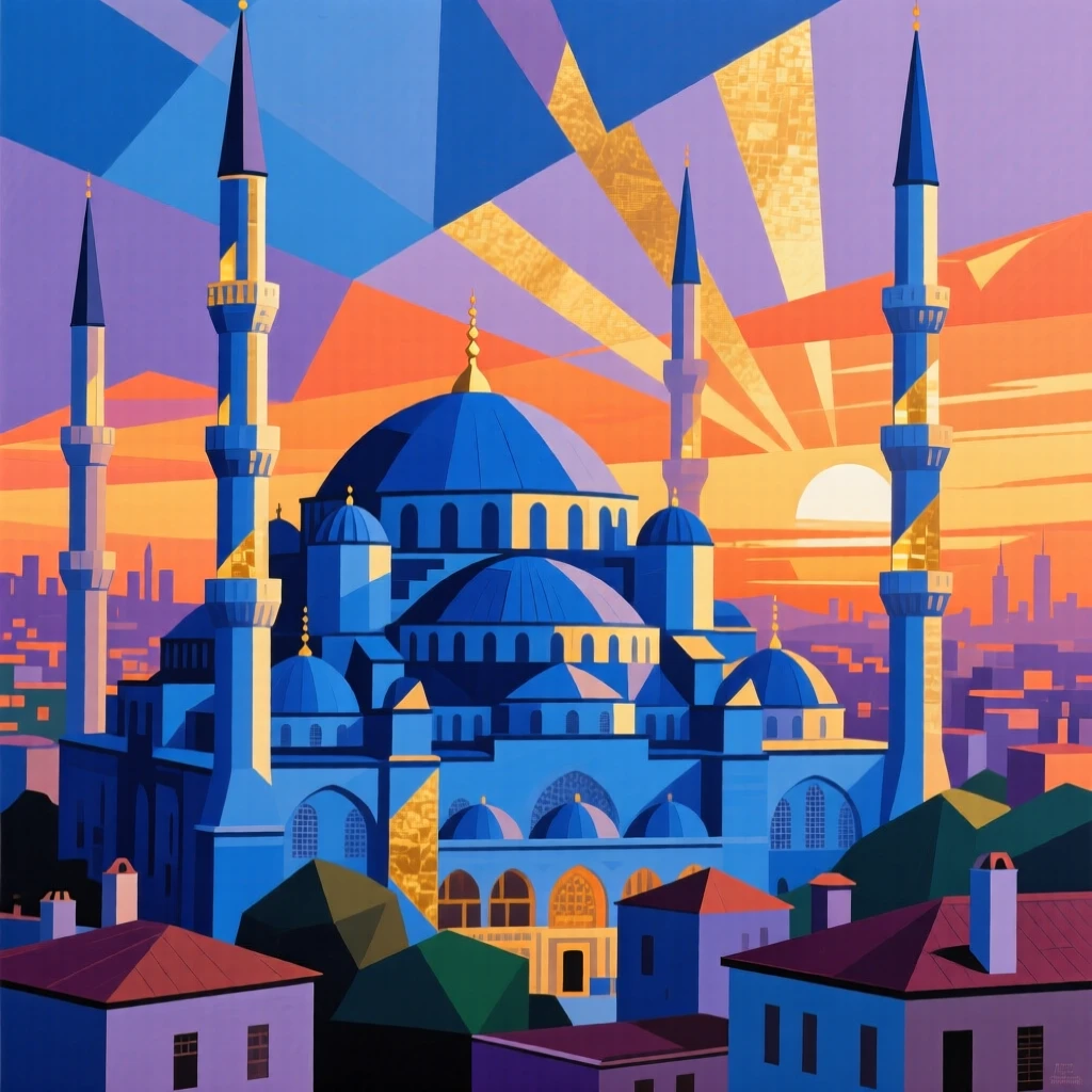The Blue Mosque's minarets glowing softly against an Istanbul sunset.