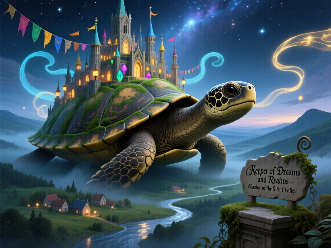 A colossal turtle carrying an entire kingdom upon its ancient shell watches silently over a sleeping valley below, while wisps of light curl gently around its form.