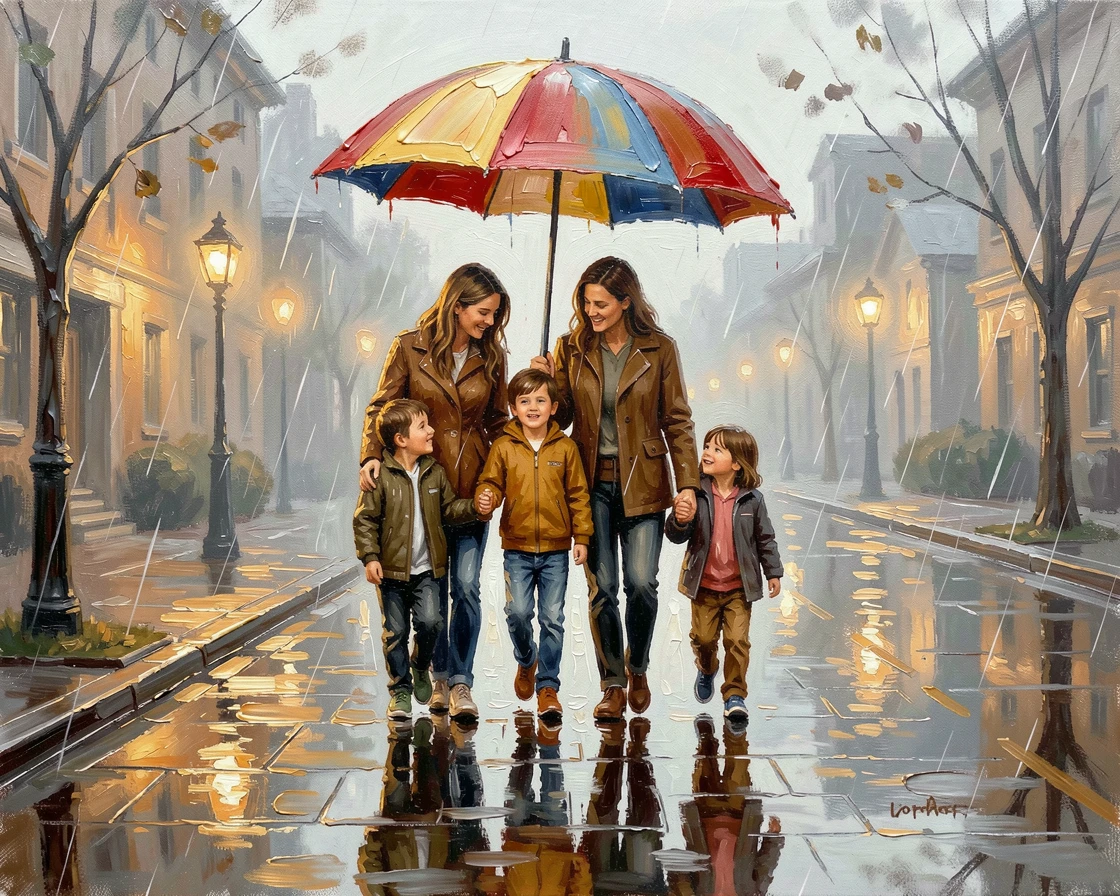 A cozy family scene shows everyone gathered under one big umbrella walking home together, puddles reflecting the streetlights around them, background elements kept softly out of focus to keep attention on the human moment.