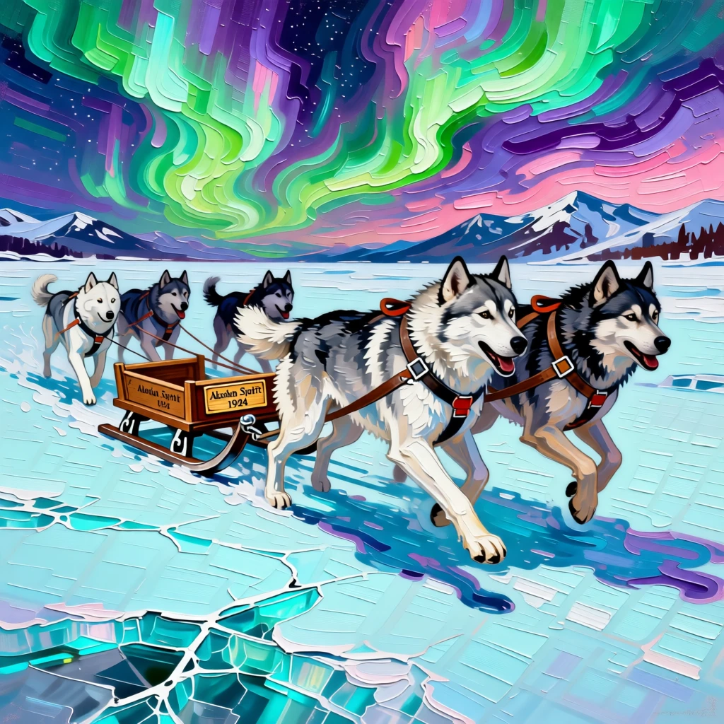 A pack of huskies pulling a sled across a glowing ice field beneath the aurora