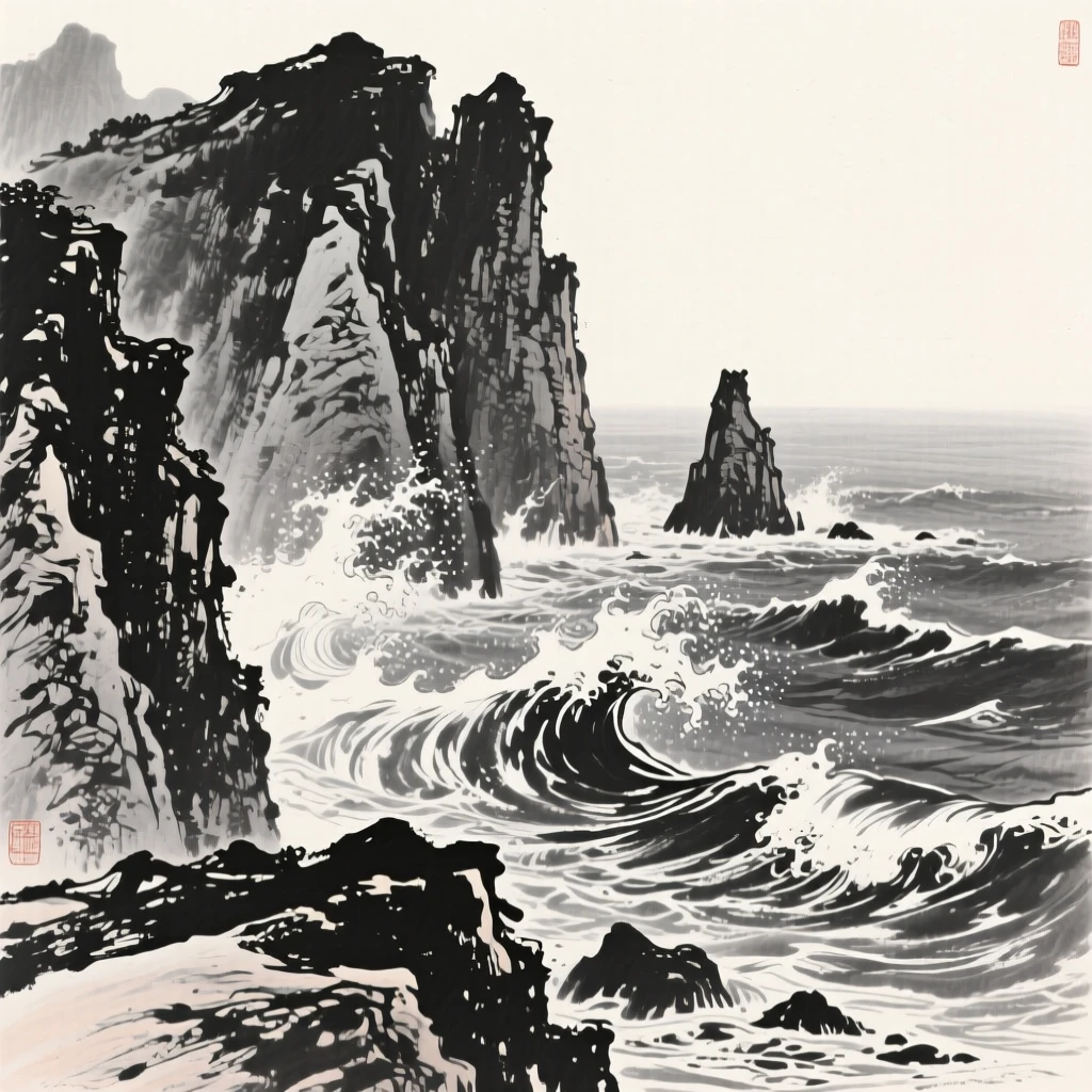 Waves crash against a rugged coastline beneath towering sea cliffs, as the tide pulls gently back from the rocks.