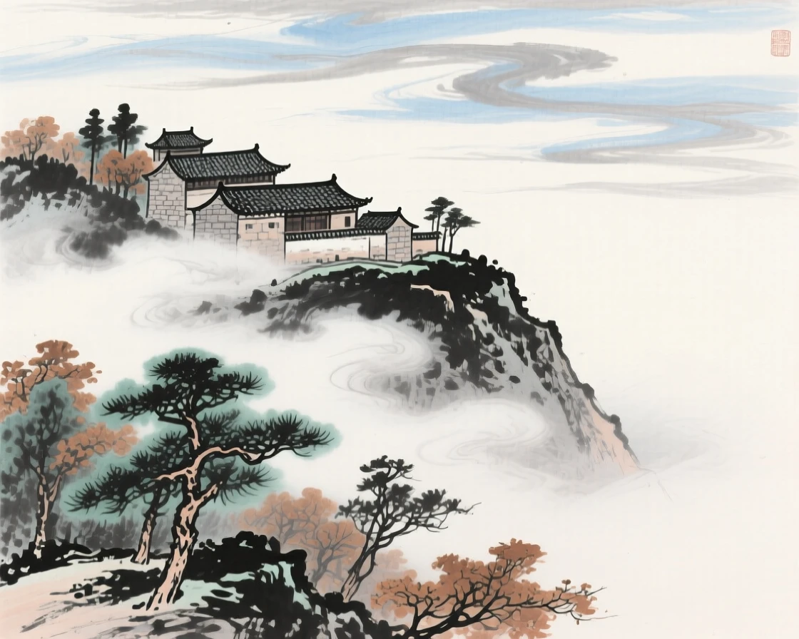 A hillside monastery wrapped in drifting cloud, in late autumn, imbued with timeless calm, under a sky streaked with clouds.