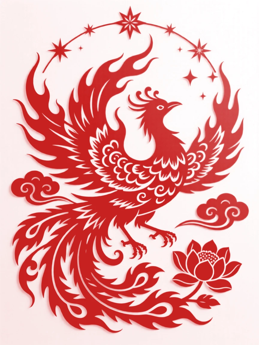 A phoenix of living flame, spiraling upward toward a sky full of unfamiliar stars, alive with quiet, ancient magic.