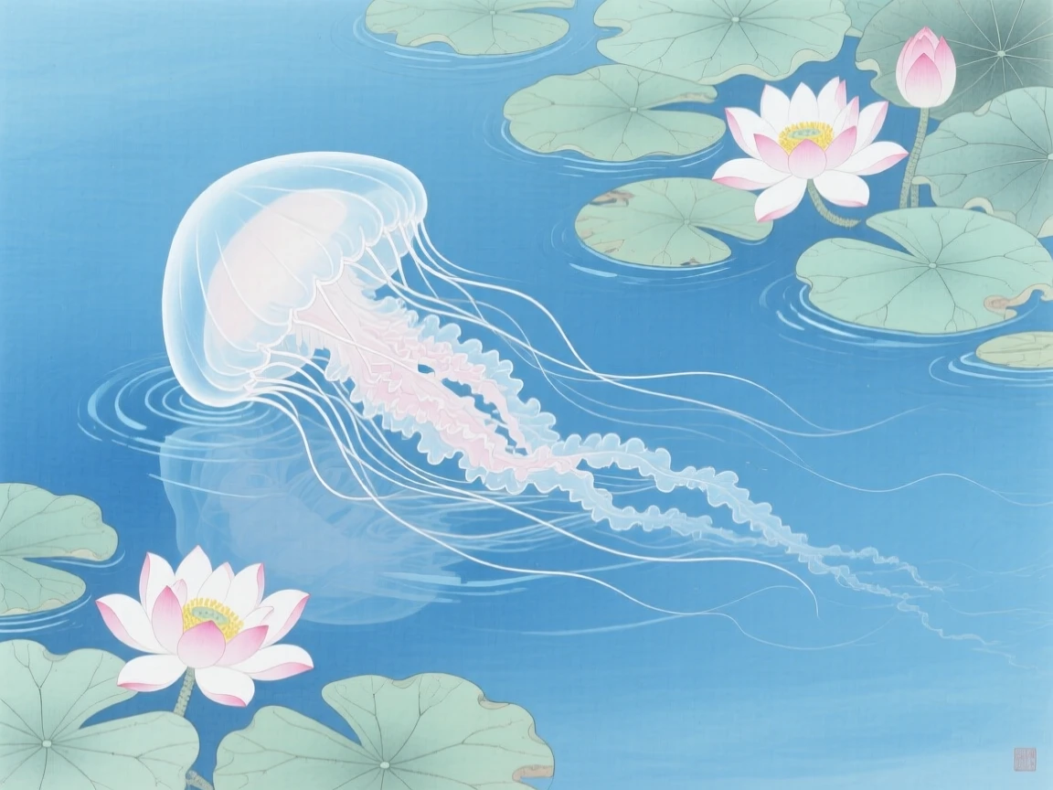 A jellyfish drifting in clear blue water in a pool bordered by blooming water lilies