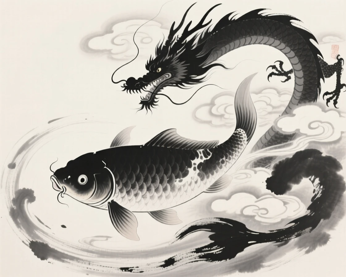 A giant koi transforming into a rising dragon within a swirl of luminous cloud, balanced with soft negative space around the central figure, evoking wonder, myth, and quiet reverence.