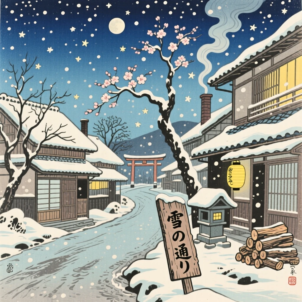 Gentle snowfall blanketing a quiet village street, on a clear moonless night.