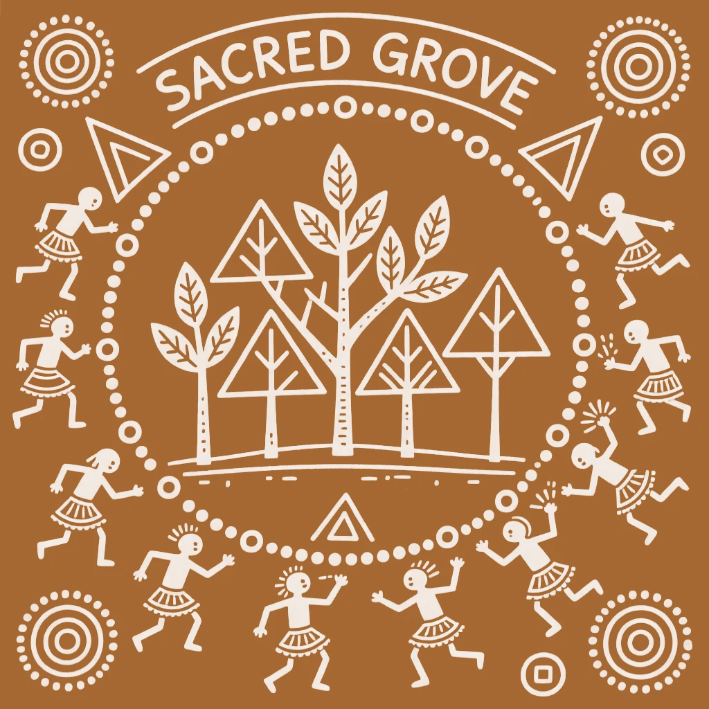 A composition centered on a sacred grove surrounded by symbols of prosperity and good fortune.