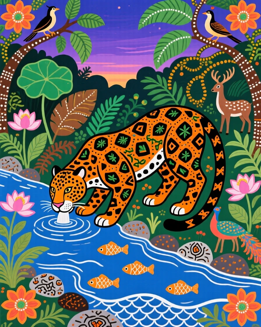 A jaguar drinking quietly from a jungle river at twilight.