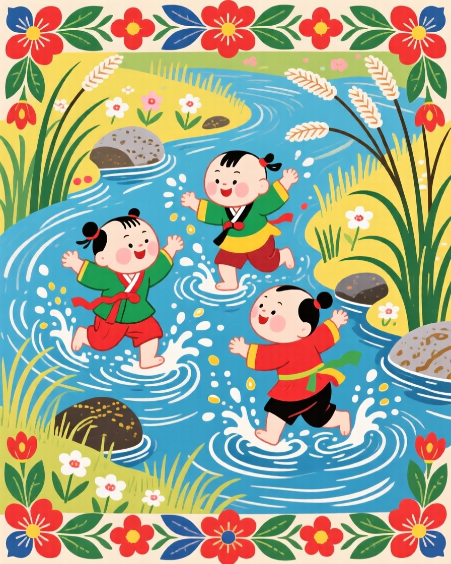 Children splashing in a shallow stream on a summer day on a warm spring afternoon.