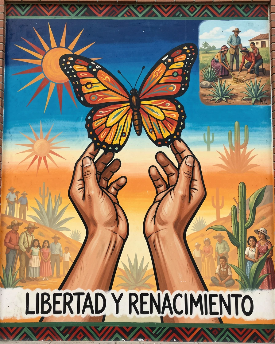 A pair of hands releasing a butterfly into the open sky