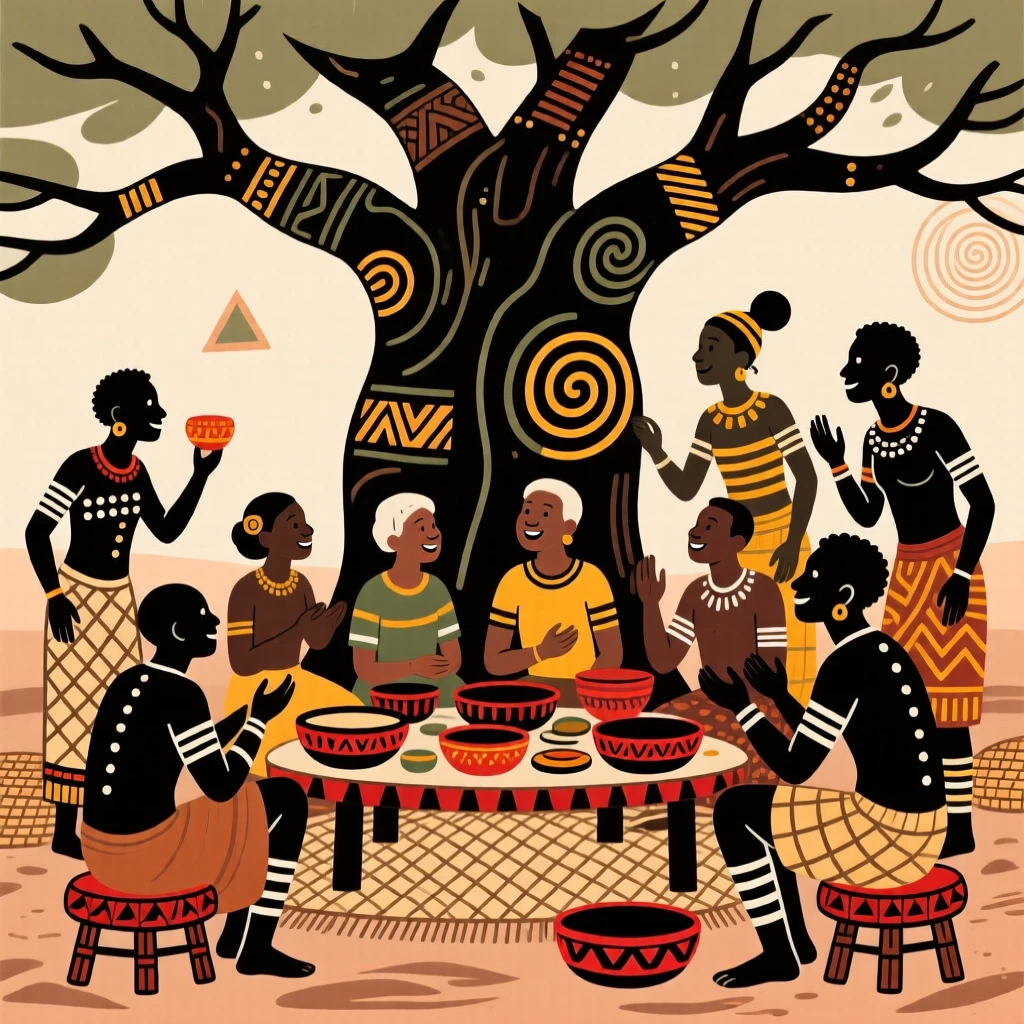 Villagers gathering for a communal feast under a large tree.
