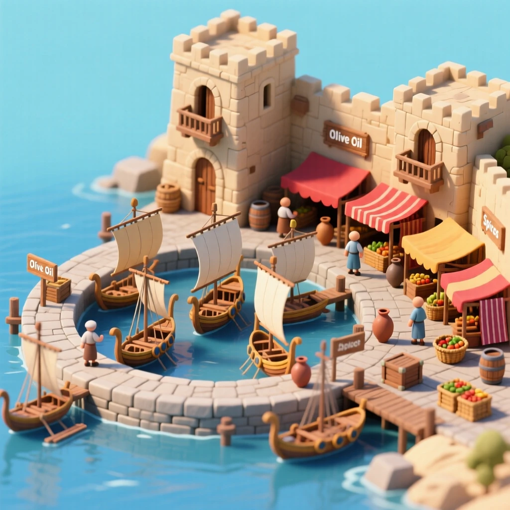 An ancient Carthaginian harbor with warships docked in a circular naval port, merchants trading beside towering warehouses.