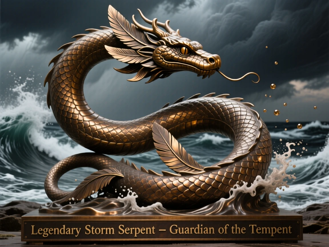 A legendary storm serpent coiling above a churning sea, with intricate scale and feather detail, radiating awe and grandeur