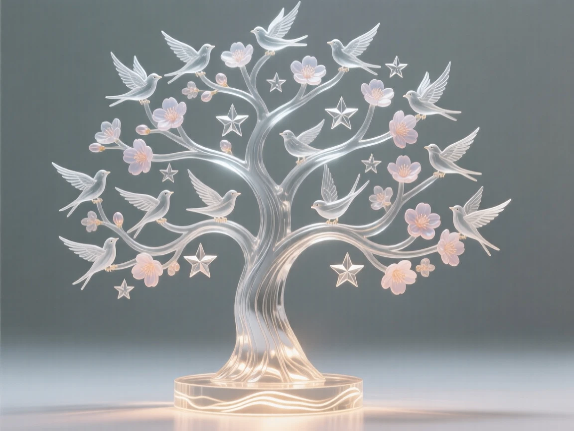 A tree of life whose branches hold hundreds of birds, blossoms, and stars, as light radiates outward in gentle waves