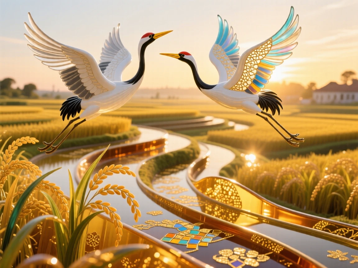 A pair of cranes flying together above the goldenest rice terrace at the very first light, graceful and serene.