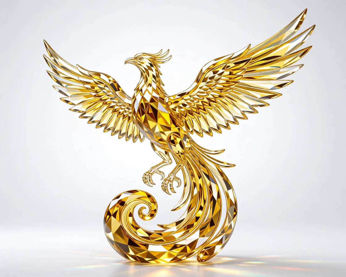 An abstract swirl of golden ink forming the silhouette of a soaring phoenix.