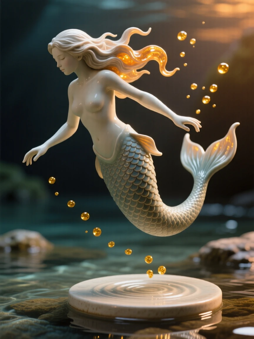 A mermaid gazing into tide pools caught in a graceful, weightless leap, surrounded by drifting motes of golden light, capturing the enchantment of forgotten legend.