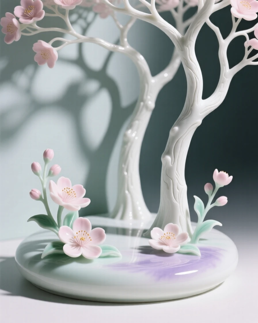 A surreal composition where shadows cast by trees bloom into flowers on the ground, rendered with quiet, elegant restraint.