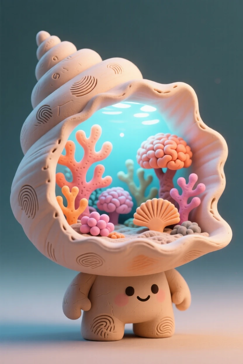 A spiral seashell containing an entire glowing coral reef inside