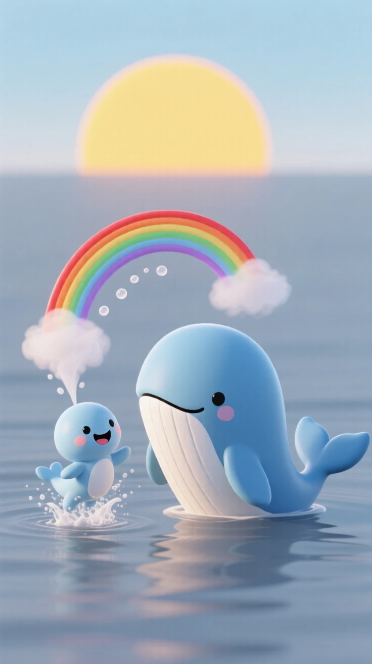 A cheerful whale calf breaches beside its mother, spraying a small rainbow mist into the morning sun.