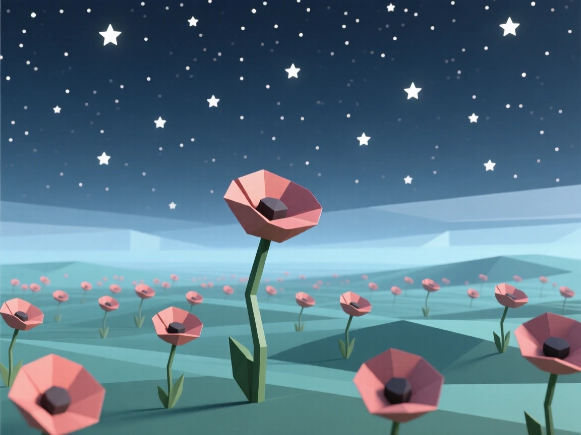 A field of red poppies under a wide sky, under a sky full of stars. fine atmospheric haze adds depth to the distance. There is a quiet, meditative stillness.