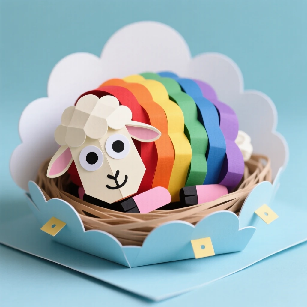 A rainbow-wool sheep creature curled up in a nest made of soft clouds, with a comically cross-eyed expression, evoking cozy storybook charm.