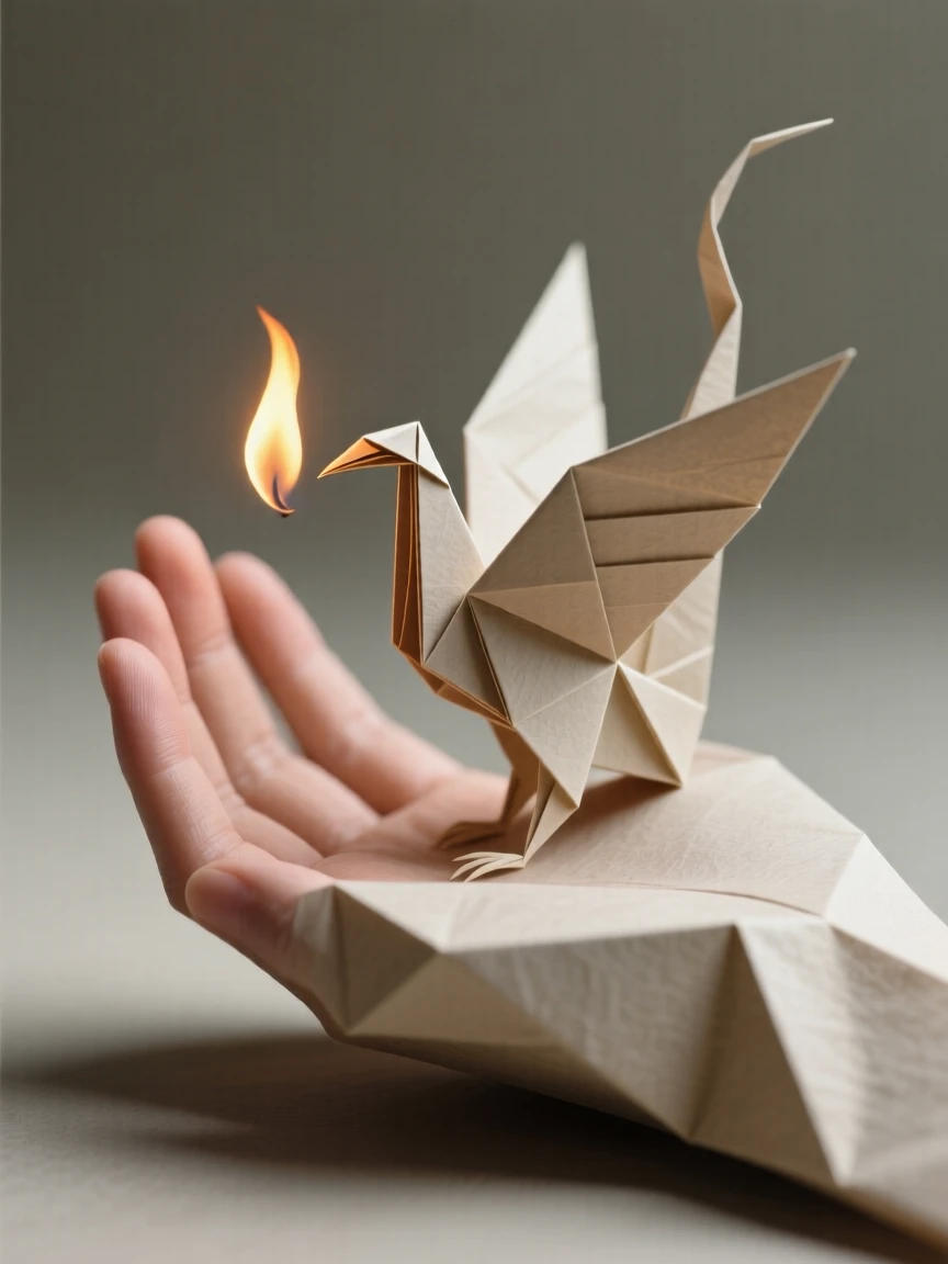 A hand cupping a small flame that flickers in the shape of a phoenix.