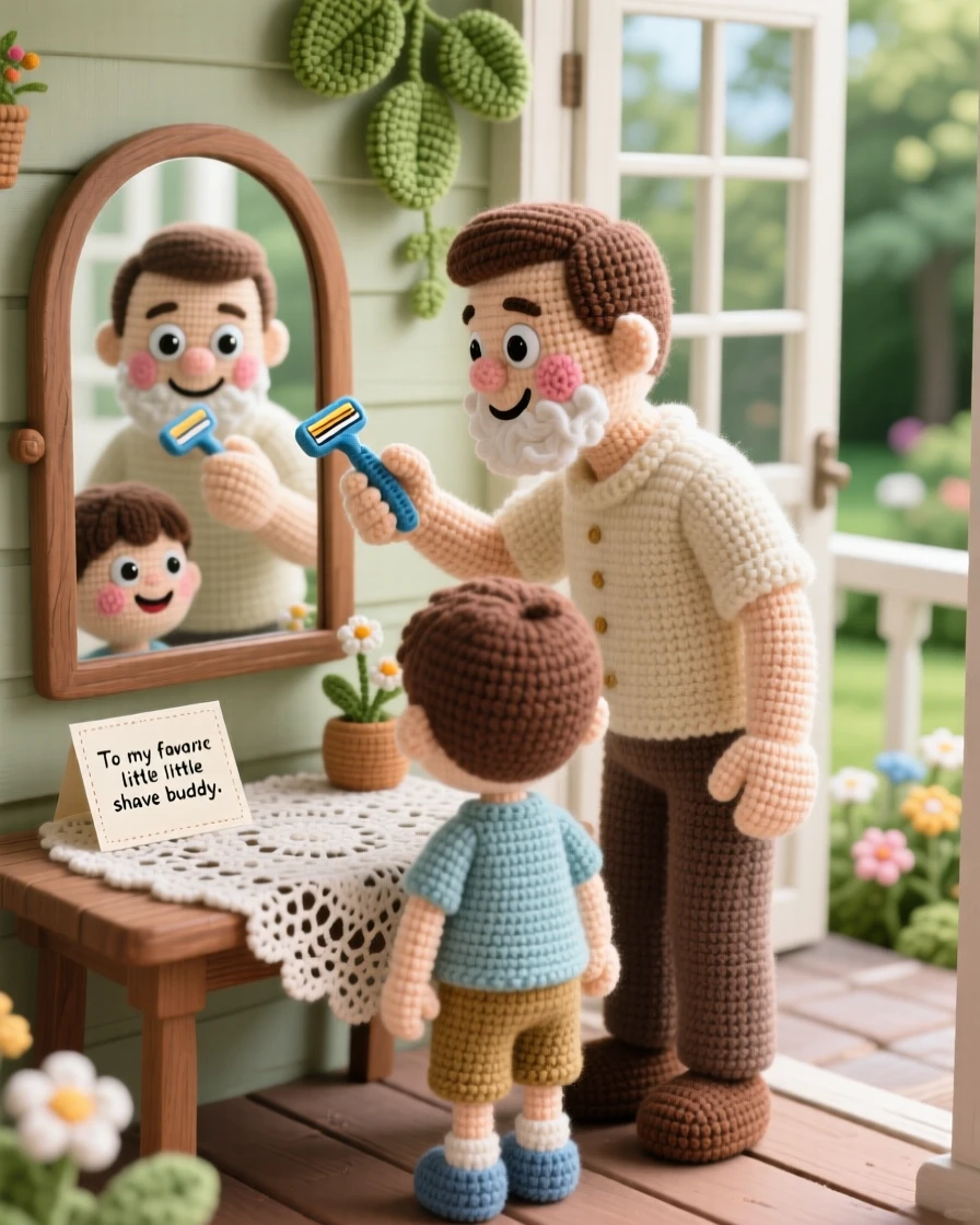 a father teaching his son to shave with a toy razor, both making silly faces in a mirror, sharing a laugh over the pretend routine, in a quiet porch overlooking a peaceful garden, with a handmade card resting on the table, radiating the simple joy of everyday family life.