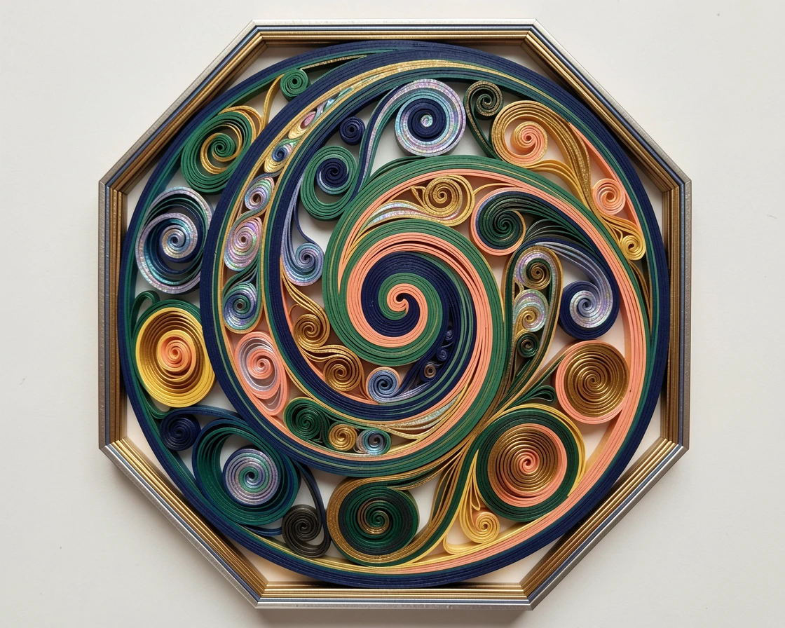 An elegant design featuring a swirling paisley pattern arranged in a perfect circle, built up in graduated layers of increasing size, with a subtle iridescent shimmer, presented within a hexagonal frame.