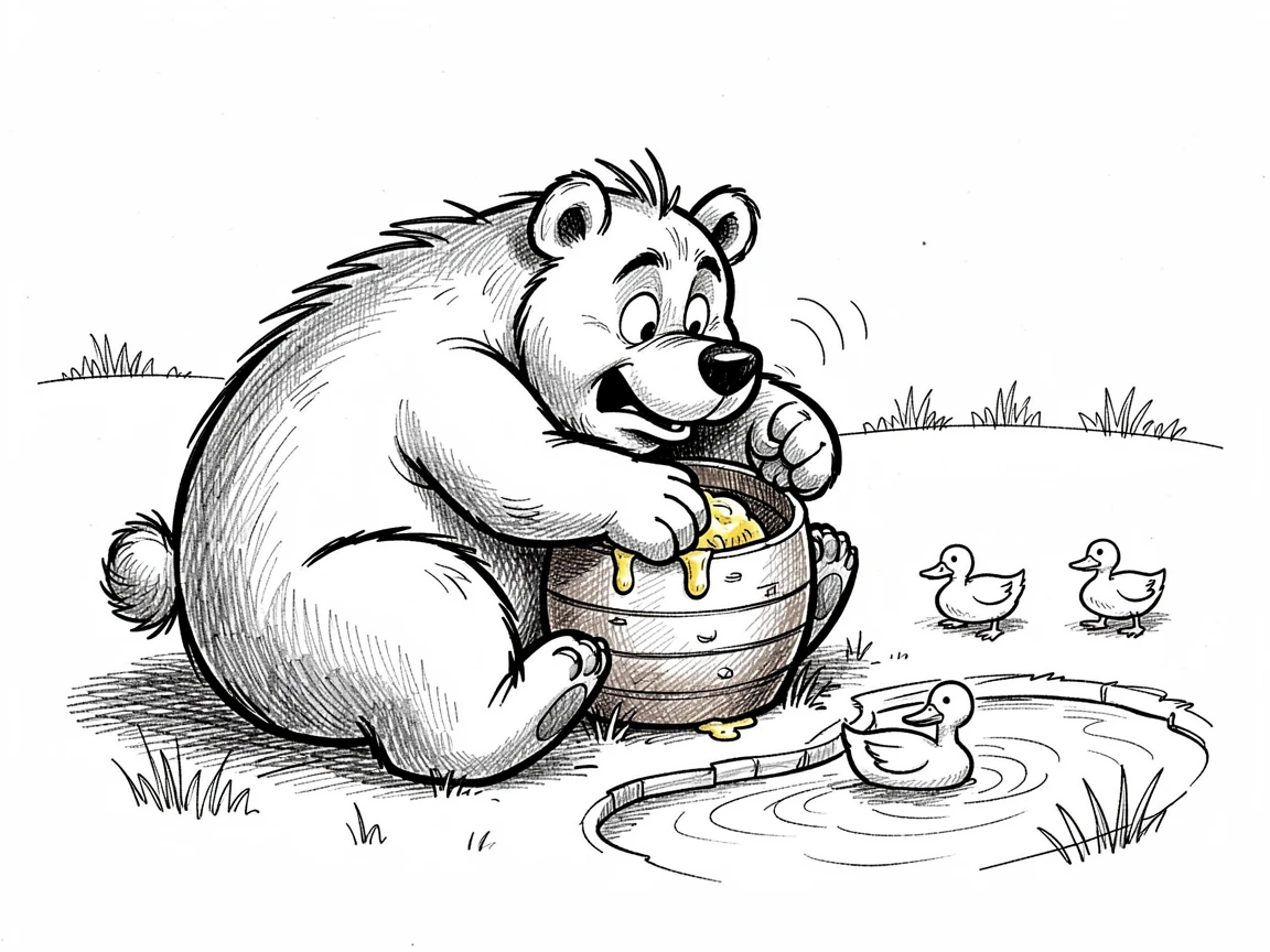 A bear trying to fit into a tiny beehive for honey beside a duck pond in the park.