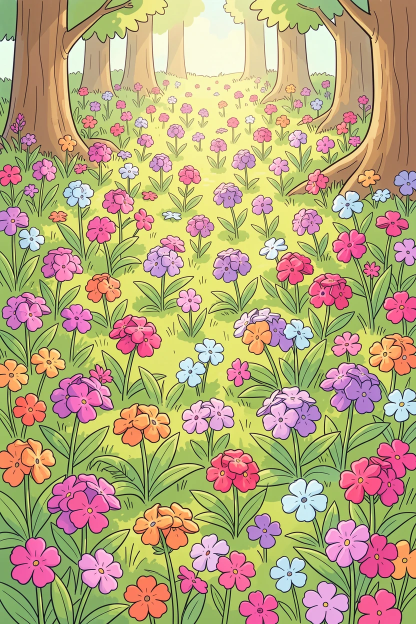 A field of wild phlox carpeting a forest floor in dappled sunlight.