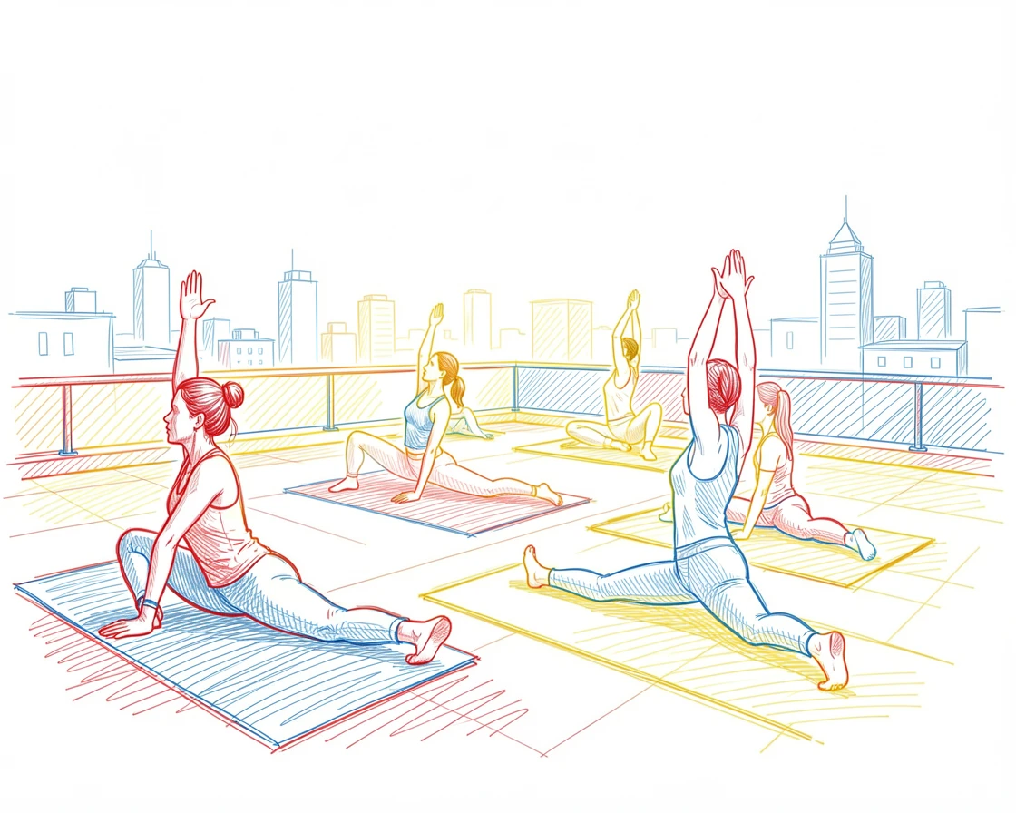 A rooftop yoga class silhouetted against an early morning skyline