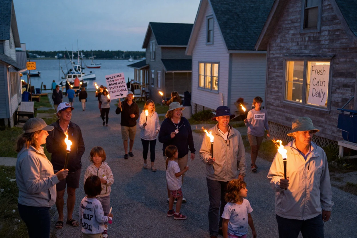 A town gathers for a torch-lit procession down to the harbor for a fishing festival.