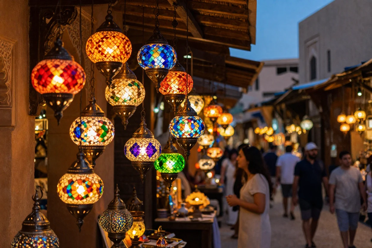 The colorful lanterns of a Moroccan market glowing in the evening